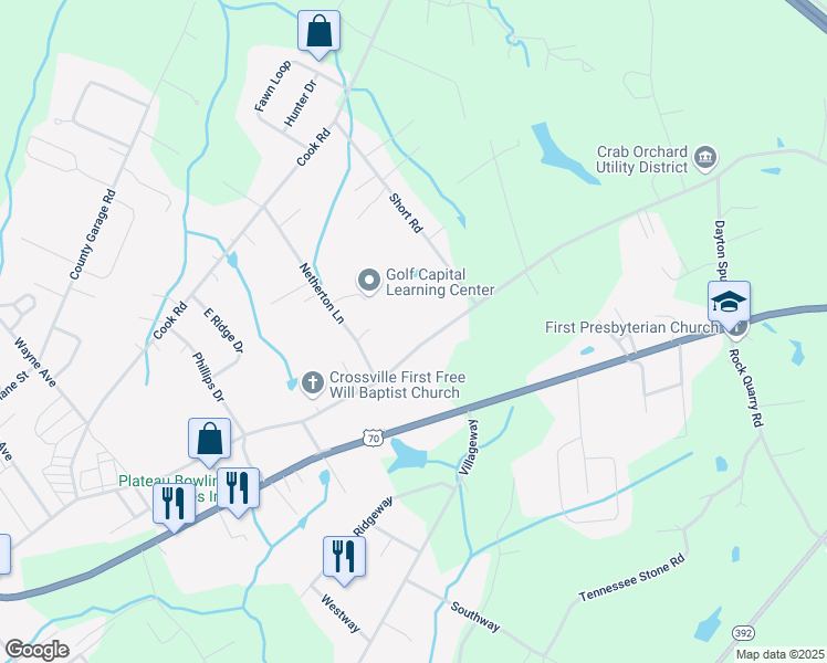 map of restaurants, bars, coffee shops, grocery stores, and more near 1361 East 1st Street in Crossville