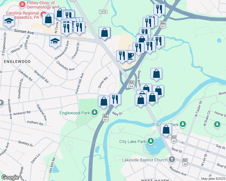 map of restaurants, bars, coffee shops, grocery stores, and more near 1119 Rosedale Avenue in Rocky Mount