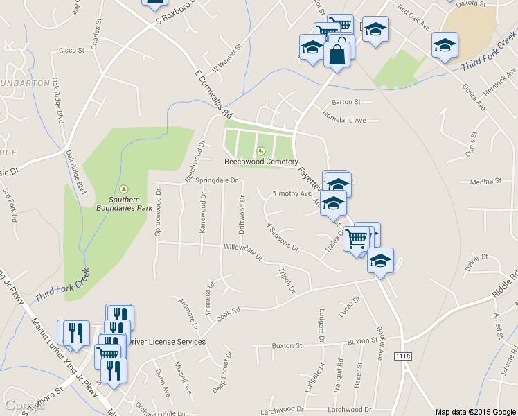 map of restaurants, bars, coffee shops, grocery stores, and more near 1300 Timothy Avenue in Durham