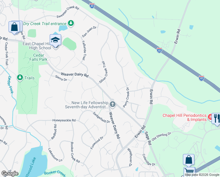 map of restaurants, bars, coffee shops, grocery stores, and more near 109 Silver Glade in Chapel Hill