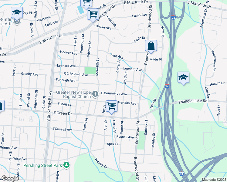 map of restaurants, bars, coffee shops, grocery stores, and more near 1523 East Commerce Avenue in High Point