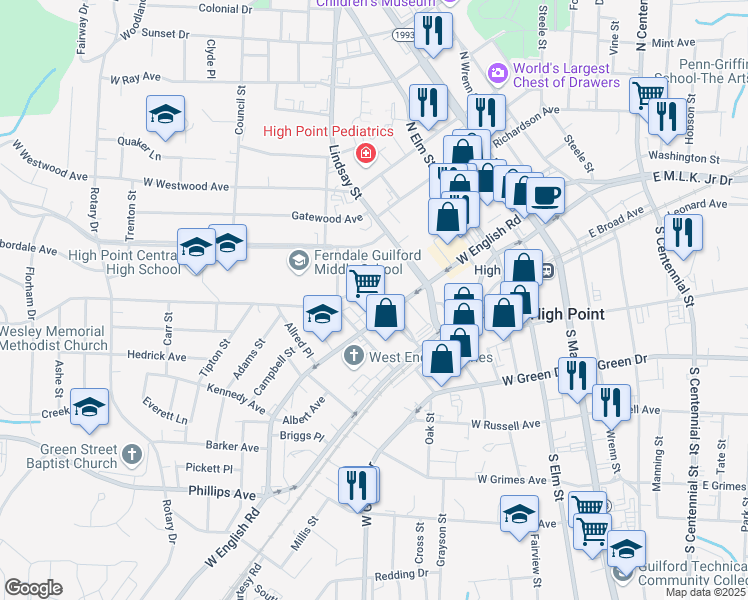 map of restaurants, bars, coffee shops, grocery stores, and more near 206 Oakwood Street in High Point