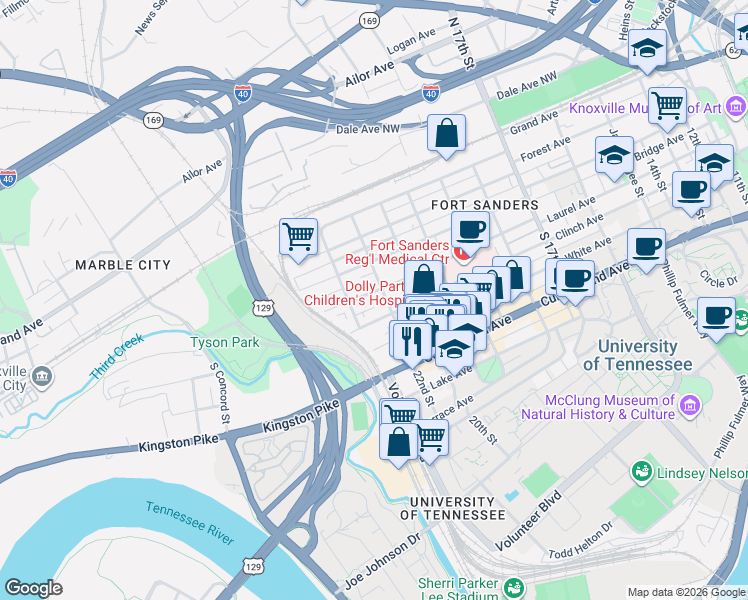 map of restaurants, bars, coffee shops, grocery stores, and more near 2223 Laurel Avenue in Knoxville