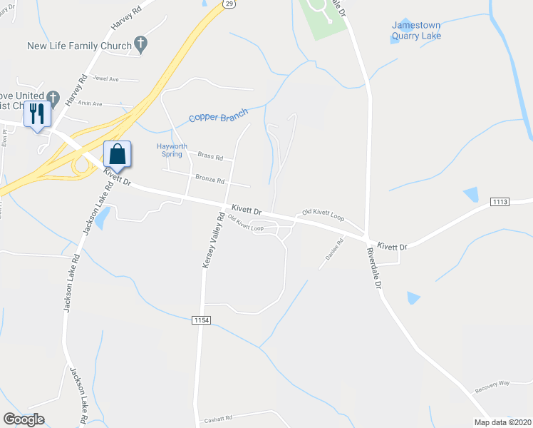 map of restaurants, bars, coffee shops, grocery stores, and more near 3927 Kivett Drive in Jamestown