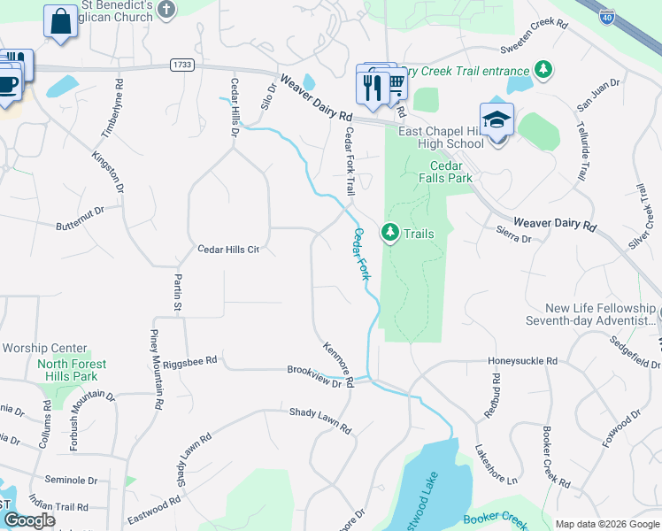 map of restaurants, bars, coffee shops, grocery stores, and more near 832 Kenmore Road in Chapel Hill