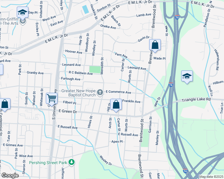 map of restaurants, bars, coffee shops, grocery stores, and more near 1513 East Commerce Avenue in High Point