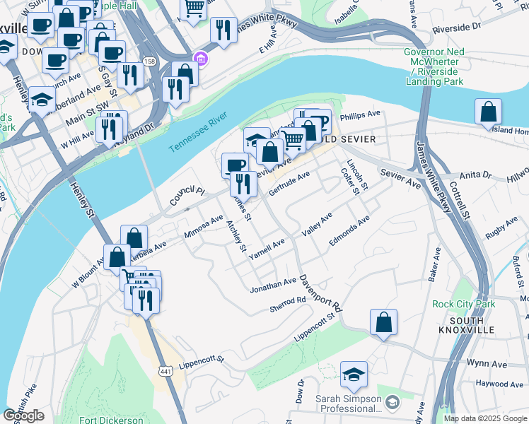 map of restaurants, bars, coffee shops, grocery stores, and more near 2117 Davenport Road in Knoxville