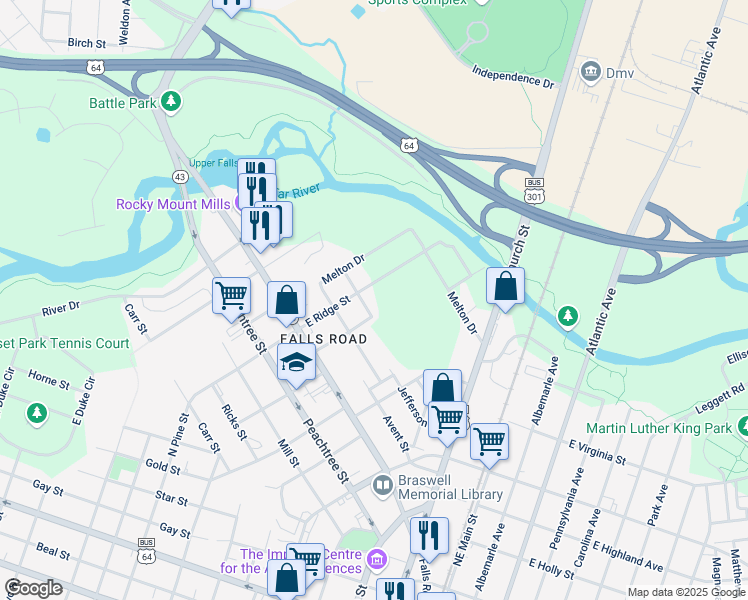 map of restaurants, bars, coffee shops, grocery stores, and more near 307 East Ridge Street in Rocky Mount