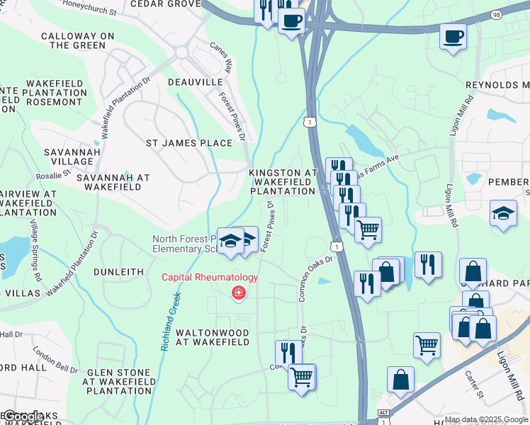 map of restaurants, bars, coffee shops, grocery stores, and more near 14324 Foxcroft Road in Raleigh