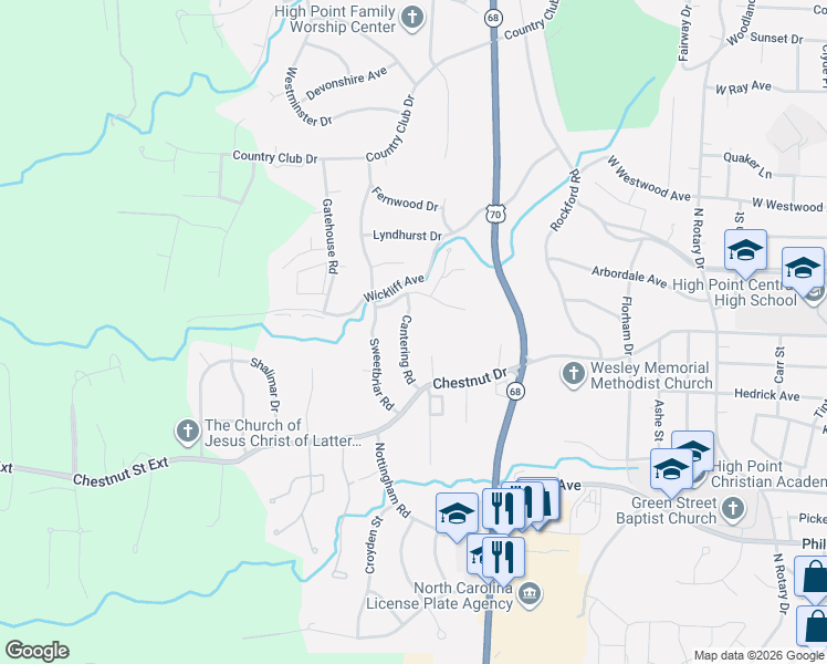 map of restaurants, bars, coffee shops, grocery stores, and more near 1067 Cantering Road in High Point