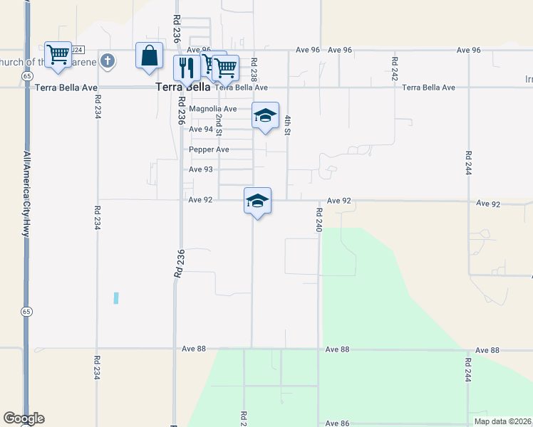 map of restaurants, bars, coffee shops, grocery stores, and more near 23825 Ave 92 in Terra Bella