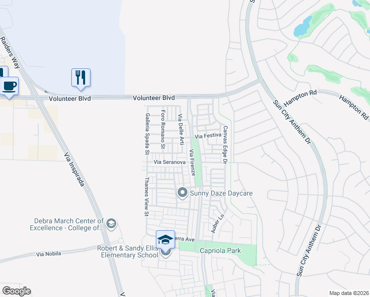 map of restaurants, bars, coffee shops, grocery stores, and more near 1960 Via Delle Arti in Henderson