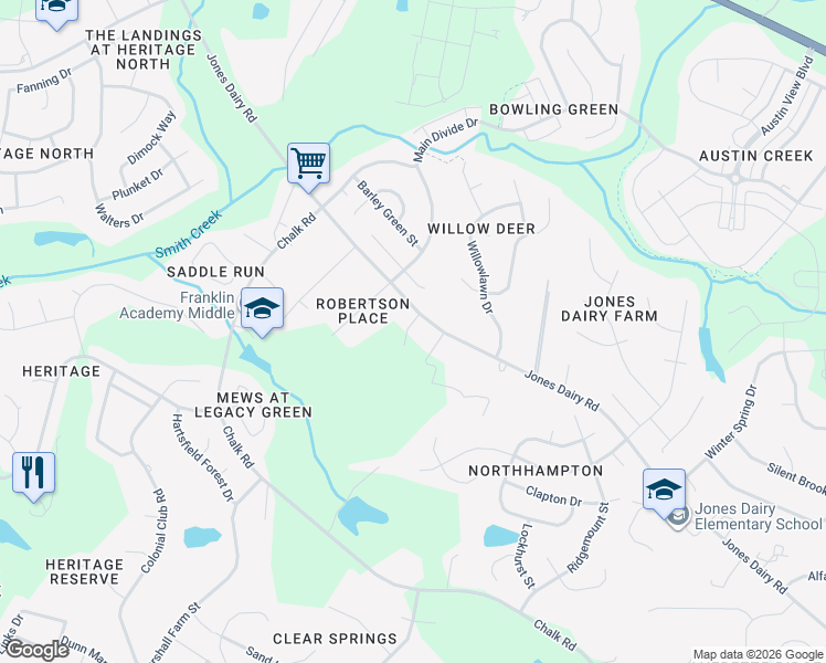 map of restaurants, bars, coffee shops, grocery stores, and more near 736 Jones Dairy Road in Wake Forest