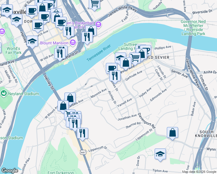 map of restaurants, bars, coffee shops, grocery stores, and more near 522 Sevier Avenue in Knoxville