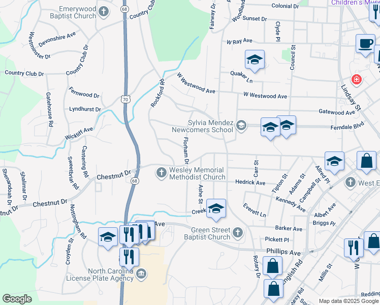 map of restaurants, bars, coffee shops, grocery stores, and more near 708 Florham Drive in High Point