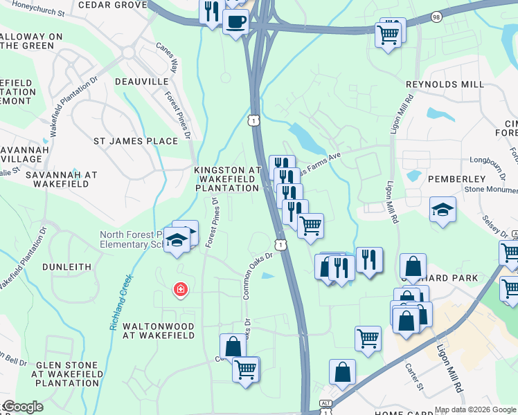 map of restaurants, bars, coffee shops, grocery stores, and more near in Wake Forest