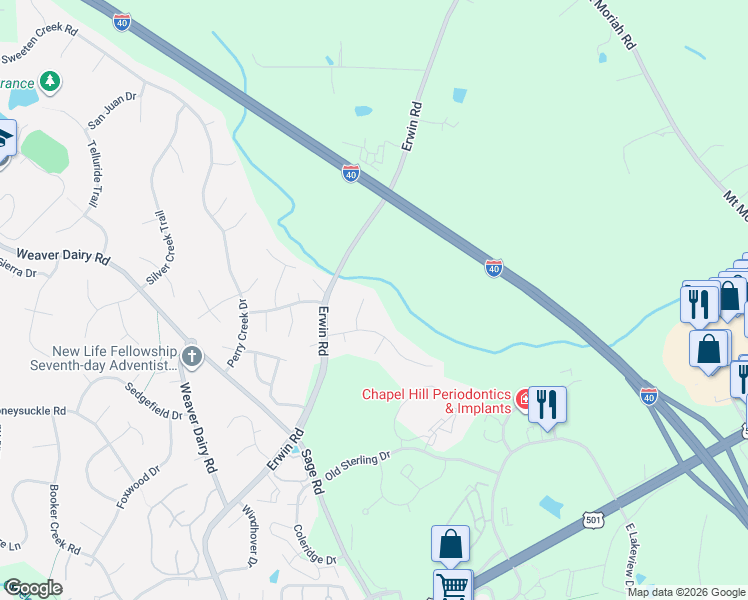 map of restaurants, bars, coffee shops, grocery stores, and more near 104 Woodmark Court in Chapel Hill