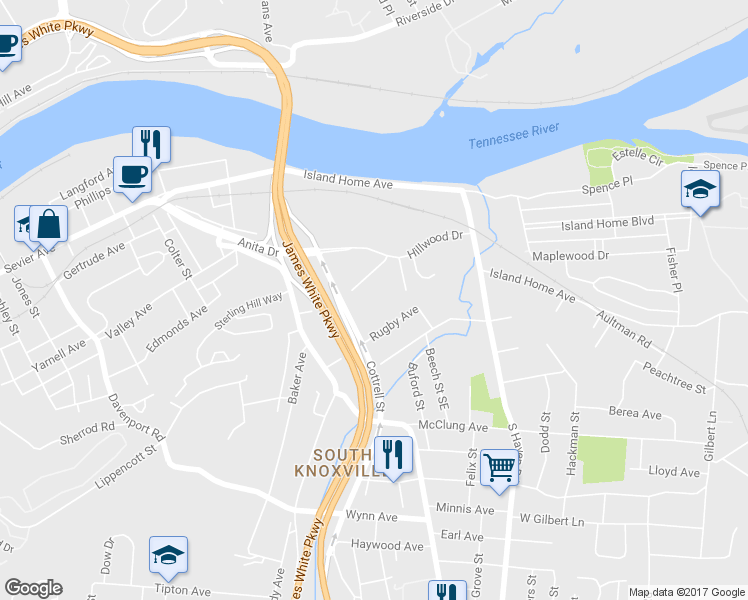 map of restaurants, bars, coffee shops, grocery stores, and more near 1708 Hillwood Drive in Knoxville