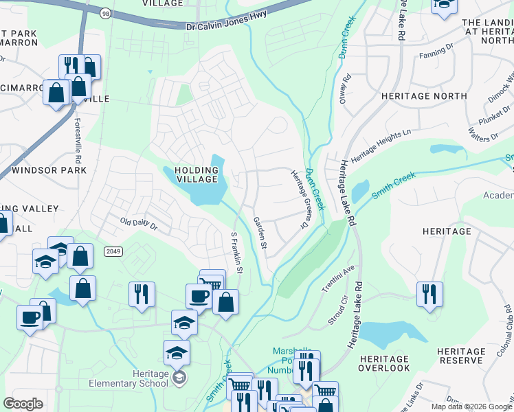 map of restaurants, bars, coffee shops, grocery stores, and more near 1521 Garden Street in Wake Forest