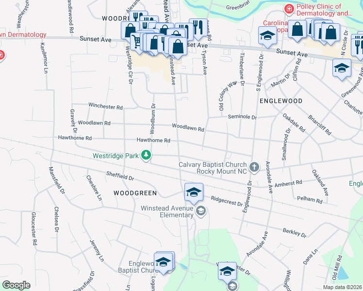 map of restaurants, bars, coffee shops, grocery stores, and more near 3417 Hawthorne Road in Rocky Mount
