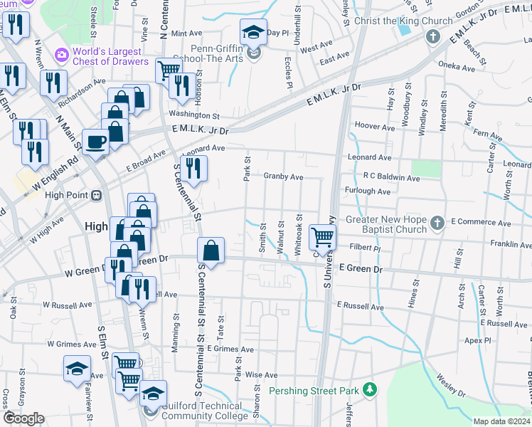 map of restaurants, bars, coffee shops, grocery stores, and more near 800 East Commerce Avenue in High Point