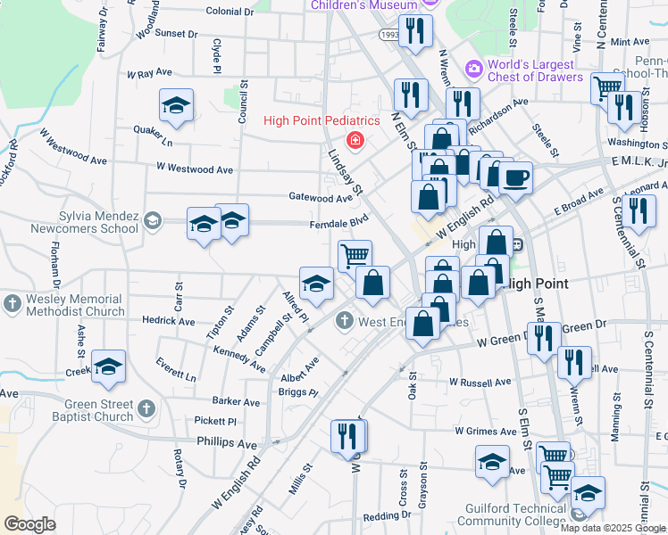 map of restaurants, bars, coffee shops, grocery stores, and more near 308 Meadow Place in High Point