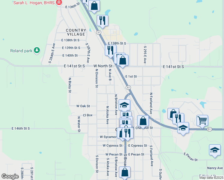 map of restaurants, bars, coffee shops, grocery stores, and more near 615 North Bristow Avenue in Coweta