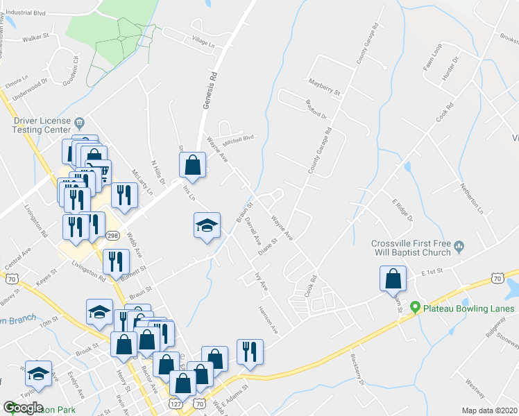 map of restaurants, bars, coffee shops, grocery stores, and more near 287 Wayne Avenue in Crossville