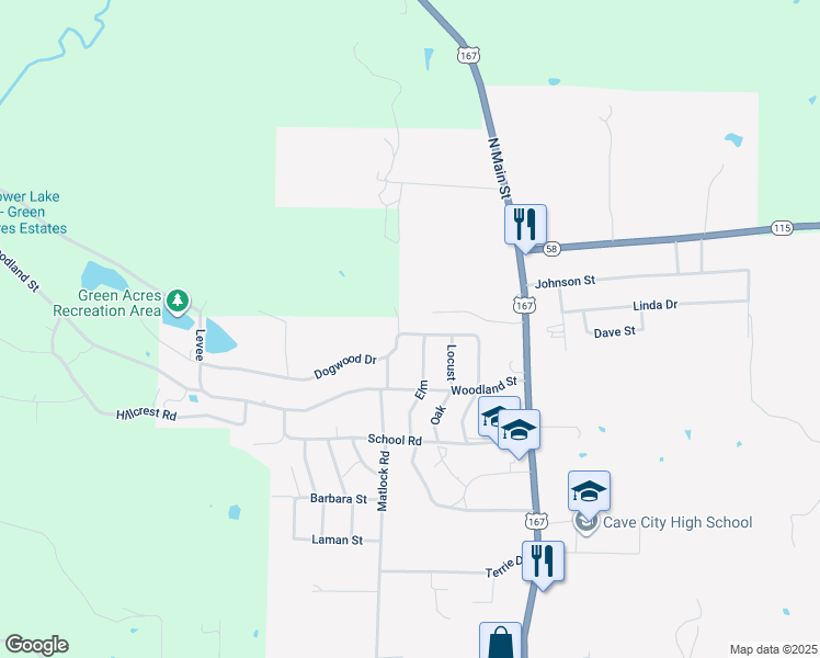 map of restaurants, bars, coffee shops, grocery stores, and more near 402 Dogwood in Cave City