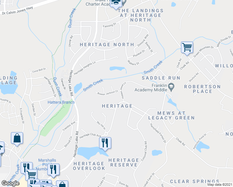 map of restaurants, bars, coffee shops, grocery stores, and more near 1404 Brewer Jackson Court in Wake Forest