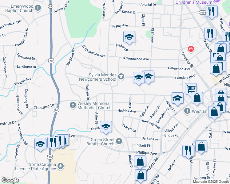 map of restaurants, bars, coffee shops, grocery stores, and more near 720 Chestnut Drive in High Point