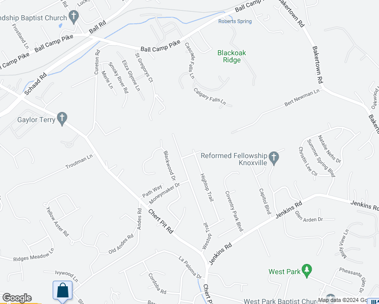 map of restaurants, bars, coffee shops, grocery stores, and more near 8909 Grantop Drive in Knoxville