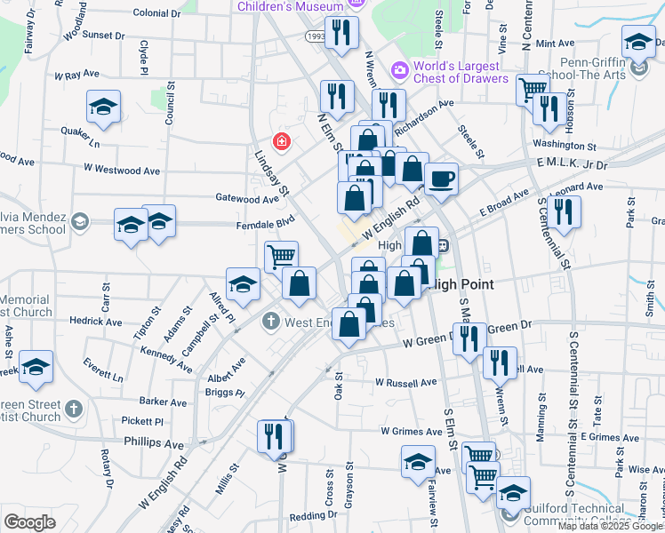 map of restaurants, bars, coffee shops, grocery stores, and more near 601 West English Road in High Point