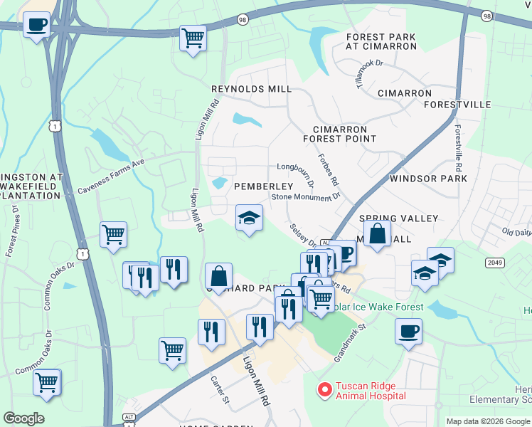 map of restaurants, bars, coffee shops, grocery stores, and more near 1741 Grace Church Street in Wake Forest