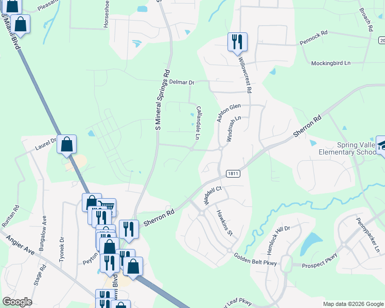 map of restaurants, bars, coffee shops, grocery stores, and more near 216 Callandale Lane in Durham