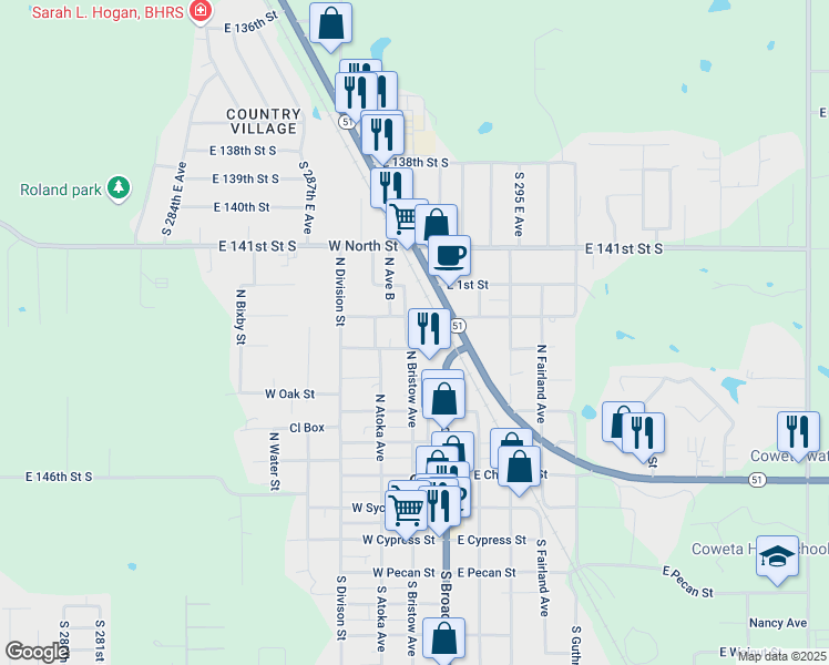 map of restaurants, bars, coffee shops, grocery stores, and more near 615 North Bristow Avenue in Coweta