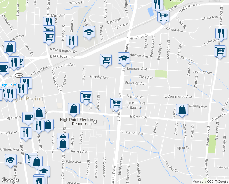 map of restaurants, bars, coffee shops, grocery stores, and more near 498 Cable Street in High Point