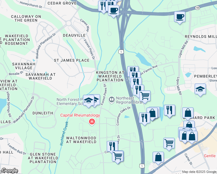 map of restaurants, bars, coffee shops, grocery stores, and more near 11711 Coppergate Drive in Raleigh
