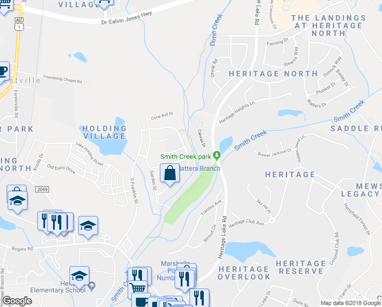 map of restaurants, bars, coffee shops, grocery stores, and more near 1033 Heritage Greens Drive in Wake Forest