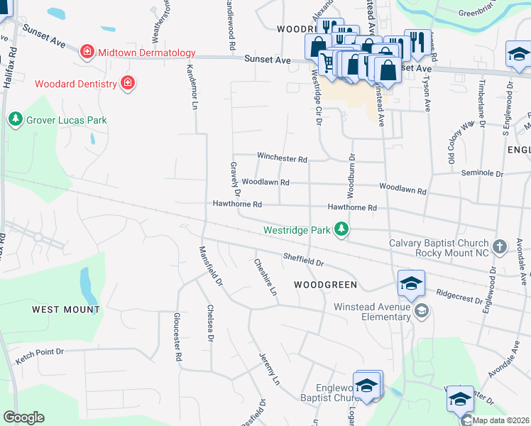 map of restaurants, bars, coffee shops, grocery stores, and more near 3809 Hawthorne Road in Rocky Mount