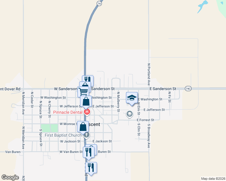 map of restaurants, bars, coffee shops, grocery stores, and more near 424 North Oak Street in Crescent