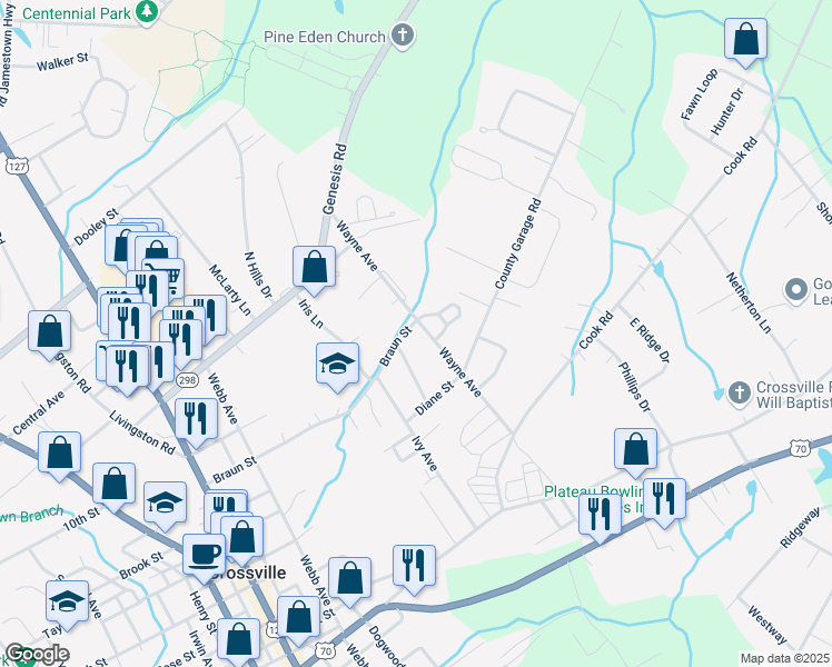 map of restaurants, bars, coffee shops, grocery stores, and more near 287 Wayne Avenue in Crossville