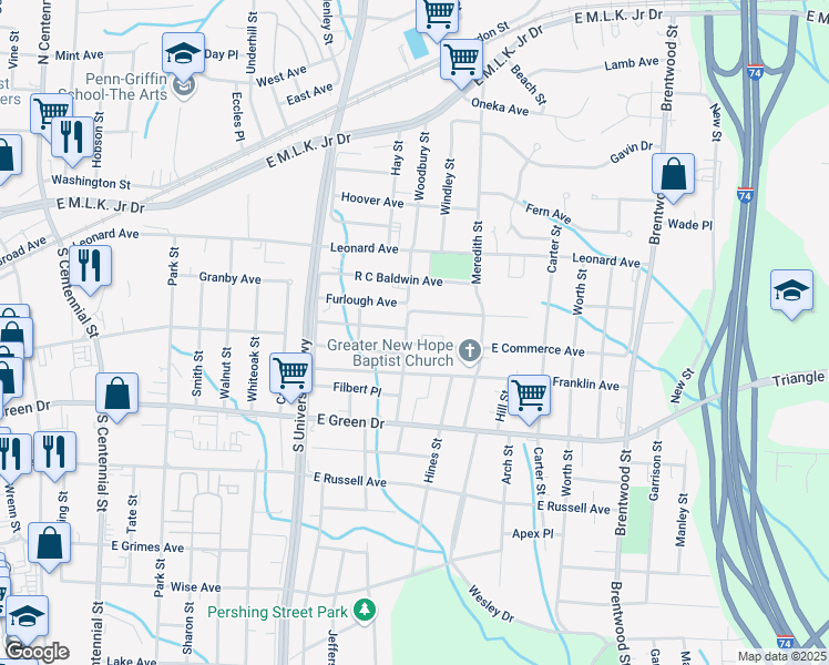 map of restaurants, bars, coffee shops, grocery stores, and more near 609 Woodbury Street in High Point