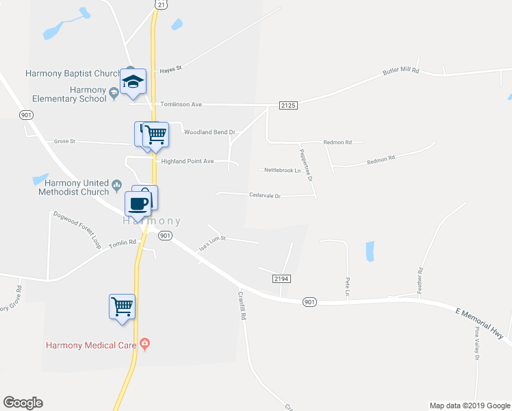 map of restaurants, bars, coffee shops, grocery stores, and more near 147 Cedarvale Drive in Harmony