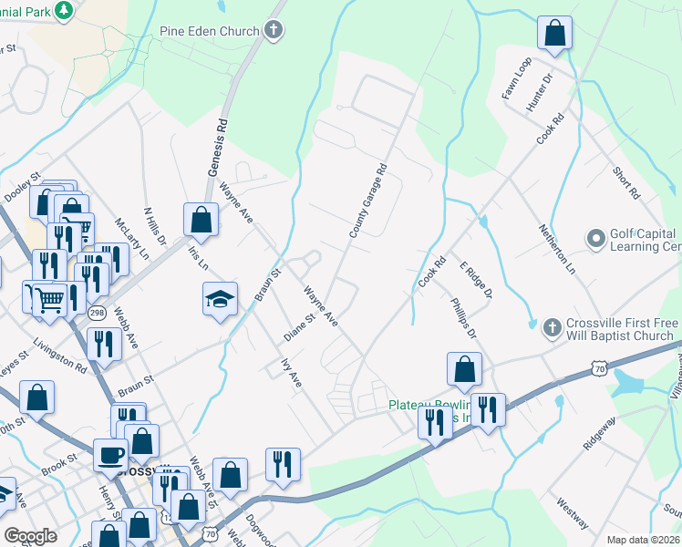 map of restaurants, bars, coffee shops, grocery stores, and more near 130 County Garage Road in Crossville