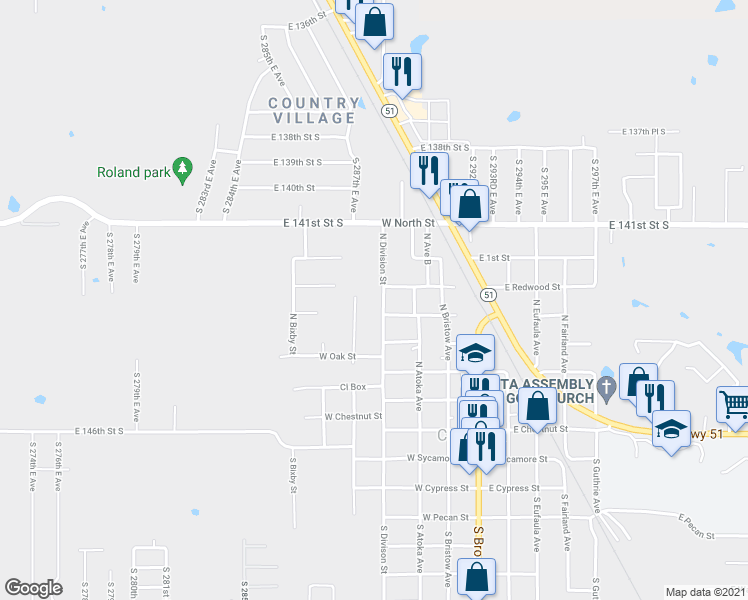 map of restaurants, bars, coffee shops, grocery stores, and more near 614 North Division Street in Coweta