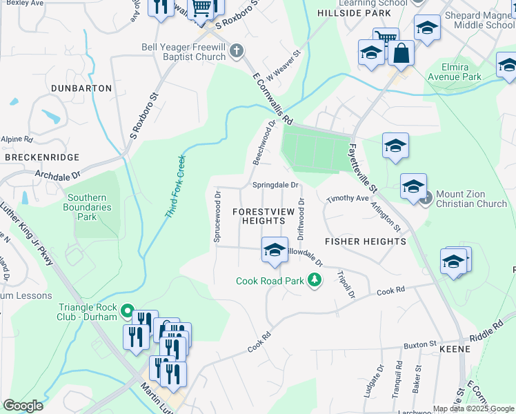 map of restaurants, bars, coffee shops, grocery stores, and more near 2906 Kanewood Drive in Durham
