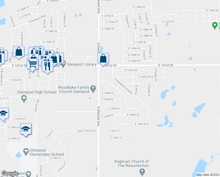 map of restaurants, bars, coffee shops, grocery stores, and more near 1096 East 144th Street in Glenpool