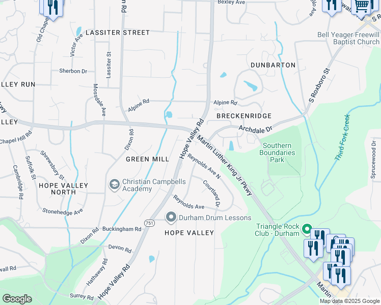 map of restaurants, bars, coffee shops, grocery stores, and more near 105 Reynolds Avenue North in Durham