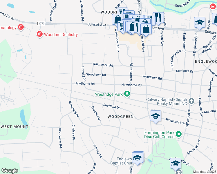 map of restaurants, bars, coffee shops, grocery stores, and more near 3705 Hawthorne Road in Rocky Mount